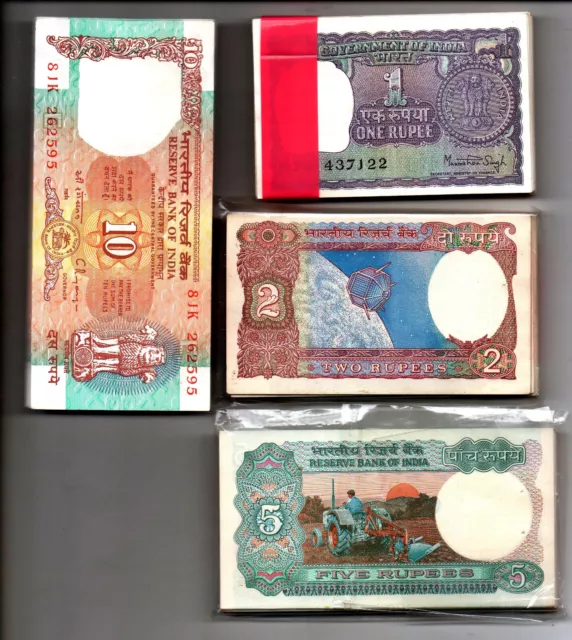 Lot 20PCS India 1, 2, 5, 10 Rupees Vintage Old UNC Banknotes Set of 5 Notes Each