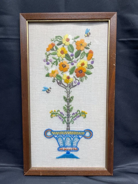 MCM 1960 Crealla enmarcada en madera Agujas Naranja Margaritas Árbol en maceta