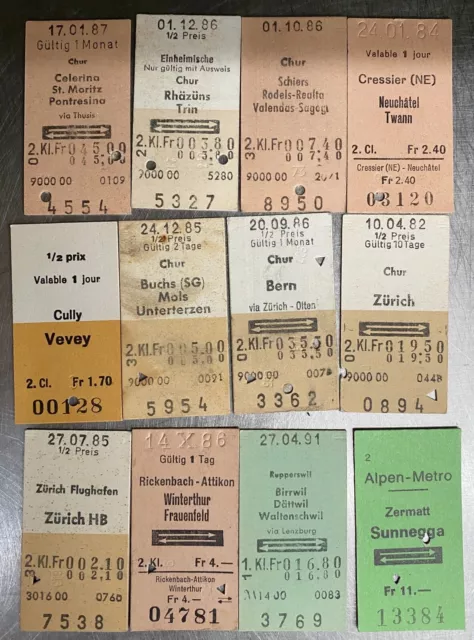 12 x Eisenbahn Fahrschein Ticket Fahrkarte Zug-Karte Schweiz CH (F-34