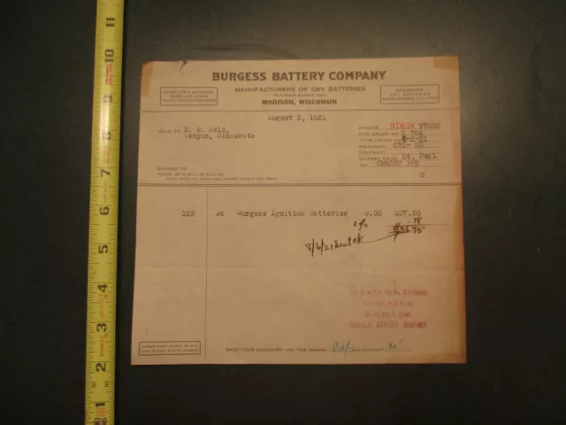 Burgess Battery Company Madison Wisconsin 1921 Invoice Letterhead 619
