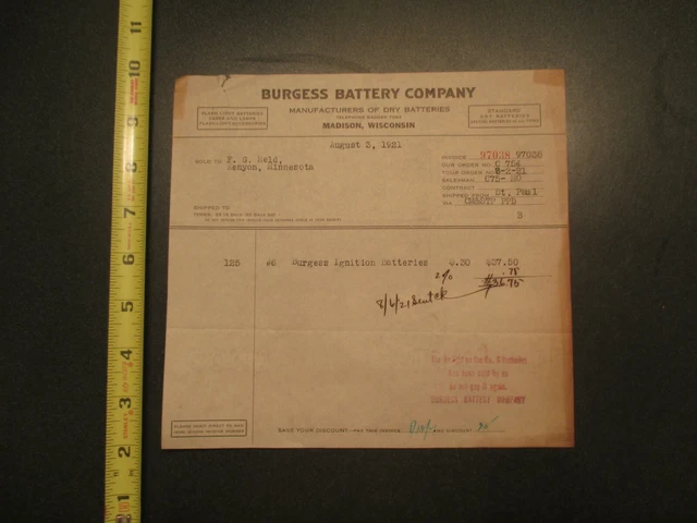 Burgess Battery Company Madison Wisconsin 1921 Invoice Letterhead 619