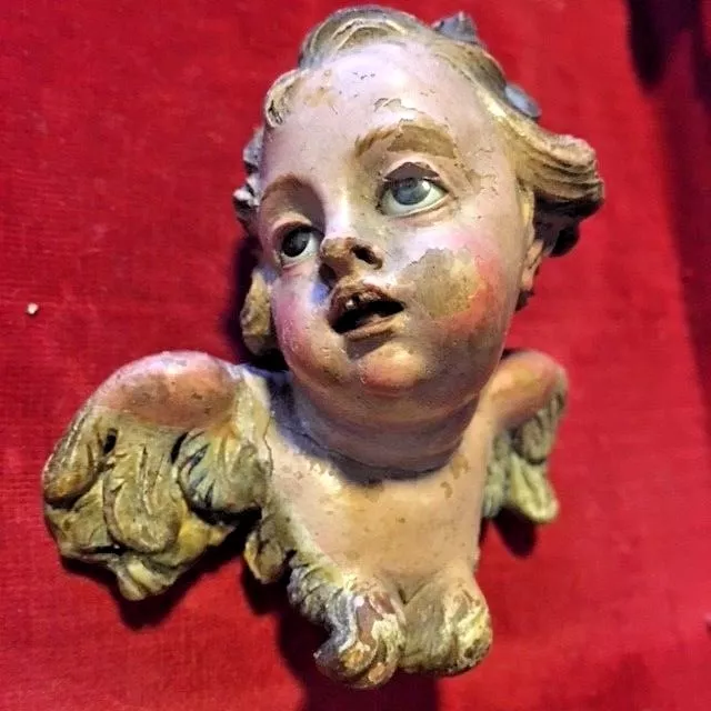 Antique Neapolitan Wood Hand Carved Creche Figure Angel/Cherub Mount Putti Xmas