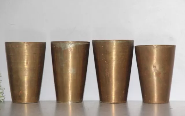 4Pc Viejo Brass Artesanal Macizo Bebible Leche Cristal, Bonito Pátina 7352_ 73