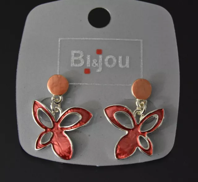 Ohrringe Blume  Ohrstecker Bi&Jou Paris Metall und Emaille Alte Rosa/Orange-Rote