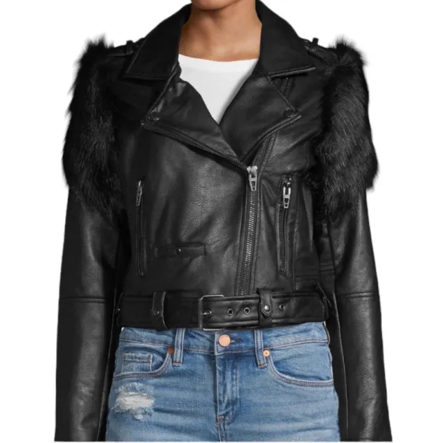 BLANKNYC Black Vegan Leather Faux Fur Shoulder Moto Jacket Women’s Size XS