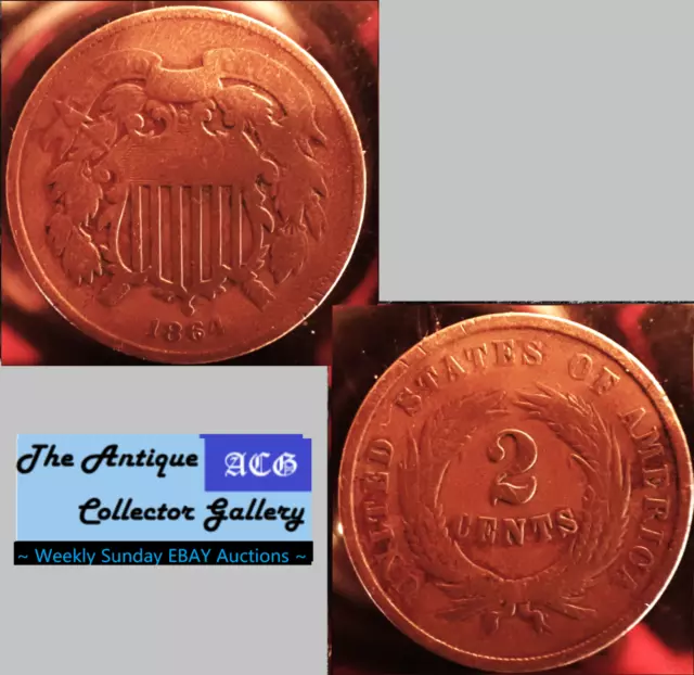 1864 US Copper Two Cent Piece 🪙 Post Civil War Era 🪙1st Year🪙B