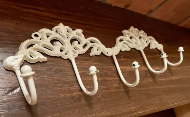 5-Hooks Wall Coat Towel Hat Hanger Cast Iron Metal Distress VTG-White Farmhouse