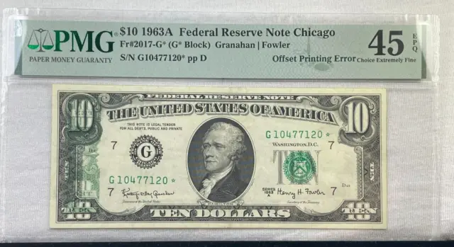 1963A $10 Error Star Chicago Federal Reserve Note Fr#2017G* Pmg Choice Ef Epq 45