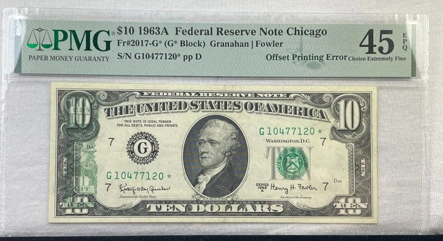 1963A $10 Error Star Chicago Federal Reserve Note Fr#2017G* Pmg Choice Ef Epq 45