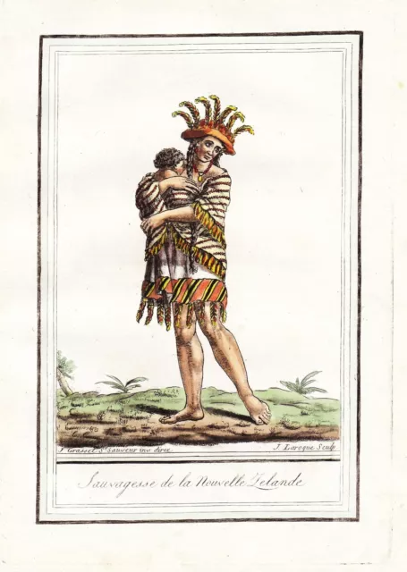 New Zealand Native Woman Traditional Costumes Engraving Copperplate Grasset 1780