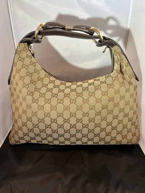 Authentic Gucci GG Monogram Canvas & Leather Horsebit Hobo Shoulder Bag Classic
