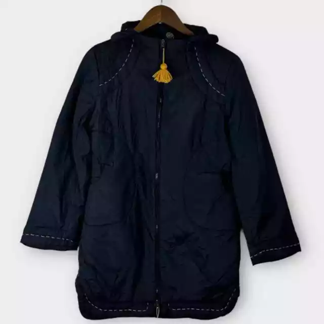 Cop Copine Paris Black Longline Nylon Hooded Puffer Jacket Orange Tassels 42 XL