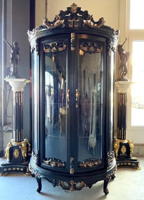 French Louis Showcase Style Antique Baroque Style Cabinet Display in Black Decor
