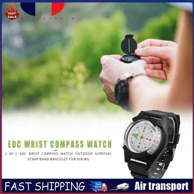 2 in 1 EDC Wrist Compass Watch Outdoor Survival Strap Band Bracelet for Hiking F