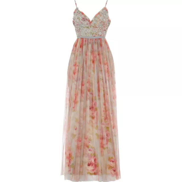 BNWT NEEDLE & THREAD Grey & Pink Floral Maxi Dress Size UK 16 RRP £300