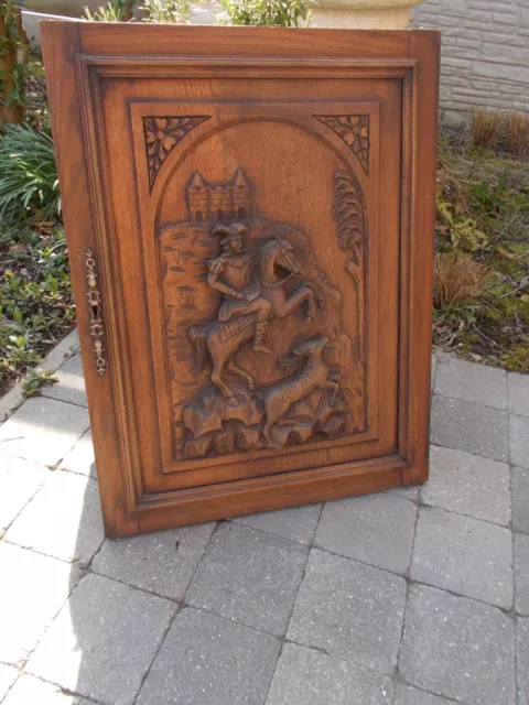 French Antique Hand Carved Large Wood Door Panel -  Horse Man Hunting Sculpture 7