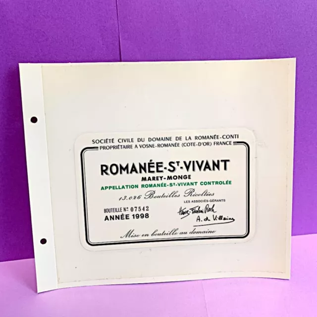 ROMANEE CONTI St Vivant LABEL 1998