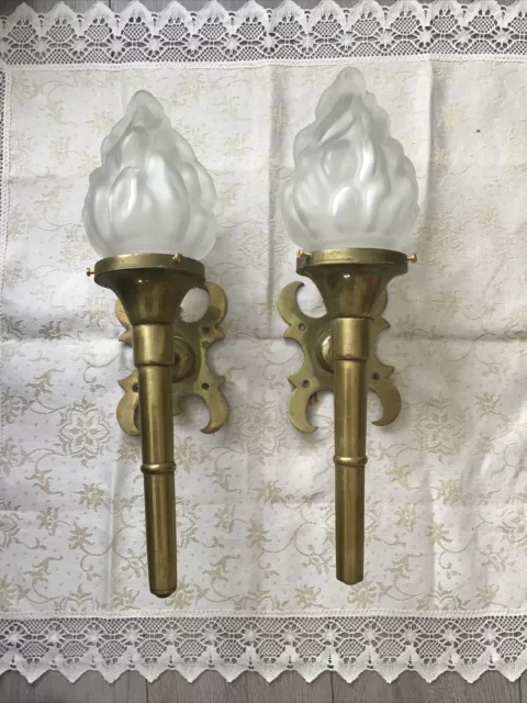 Art Deco Frosted Glass & Brass Flame Torch Wall Lights