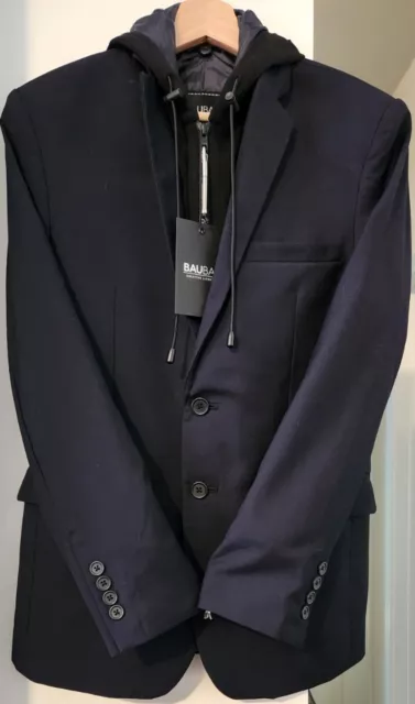 NEW Baubax Mens X-Small Navy Blue Blazer Jacket Coat Traveling Hood Liner Pillow