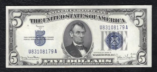 1934-D $5 Five Dollars Silver Certificate Currency Note Gem Uncirculated (D)