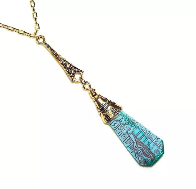 CZECH TURQUOISE GLASS EGYPTIAN REVIVAL PHARAOH NECKLACE  ART DECO LAVALIER Goldn