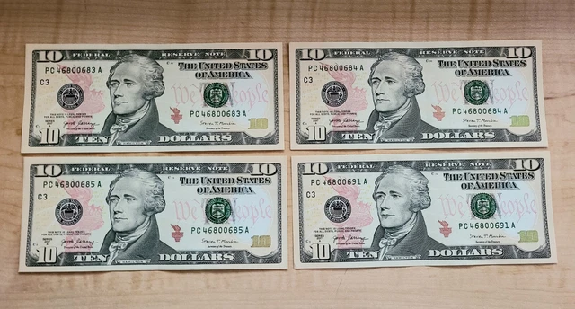 2017 Ten Dollar Bills 3 Sequential & 1  Uncirculated Currency  No Reserve