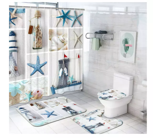 Juegos de baño 4 piezas con accesorios para cortinas ducha y alfambras Sea shell