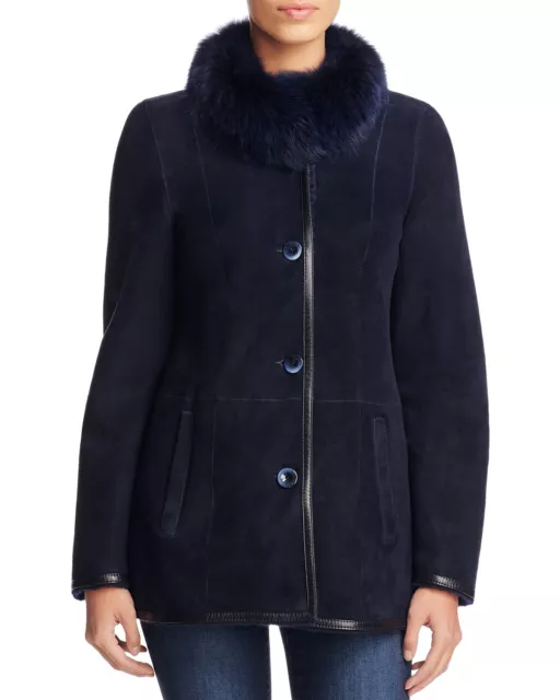 Maximilian Fox Fur collar One Of A KinD Navy Blue Women's Shearling Jacket Med.