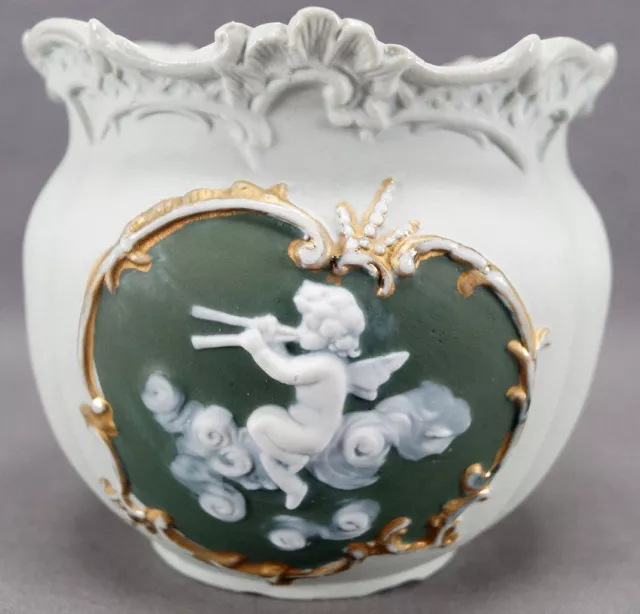 German Green Cherub Aulos Pipes & Gold Jasperware Squat Vase Rose Bowl