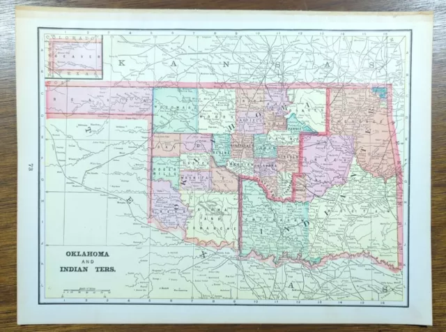 Vintage 1898 OKLAHOMA INDIAN TERRITORY Map 14"x11" Old Antique Original SAC FOX