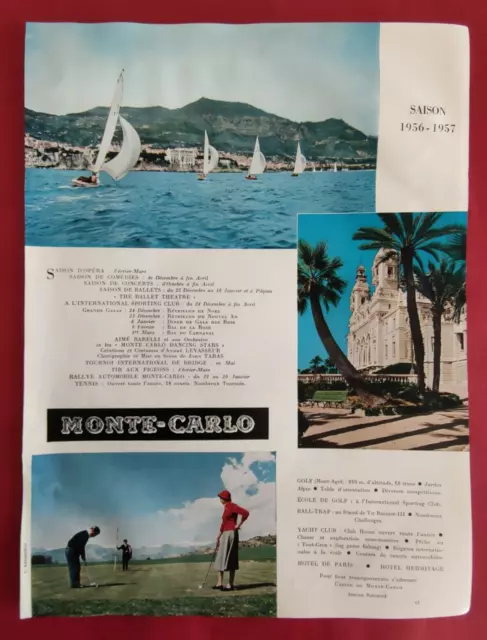 Publicité de presse Vacances Tourisme à MONTE CARLO Saison 1956-1957 Monaco 1956
