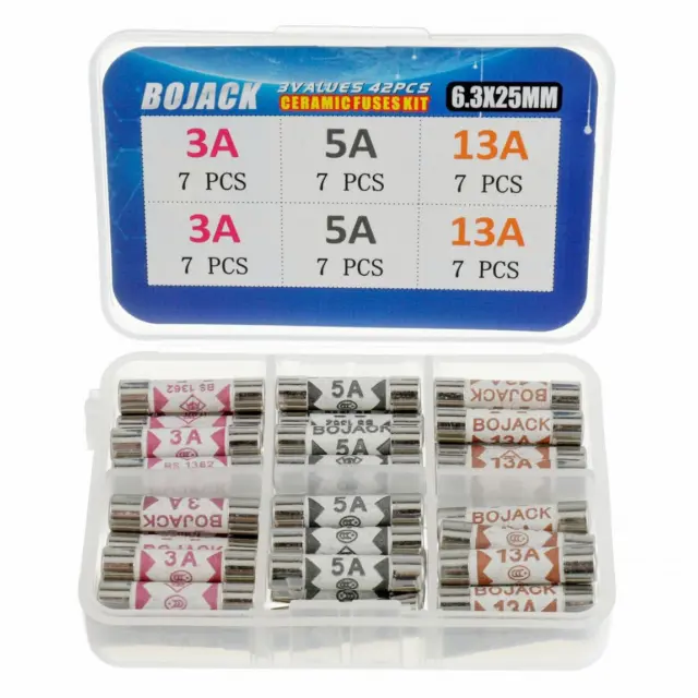 BOJACK 3 Values 42 pcs 3 5 13 A amp 240 V Volt Household Mains Plug Fuse 6.3x25