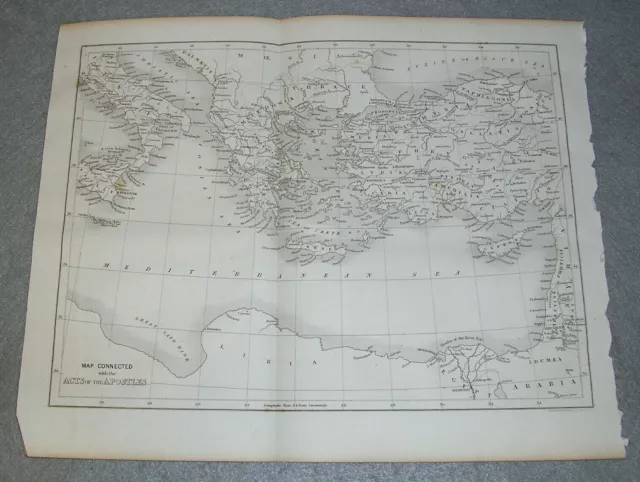 Antique Biblical Map Acts of Apostles Holy Land Mediterranean Greece Rome 1844