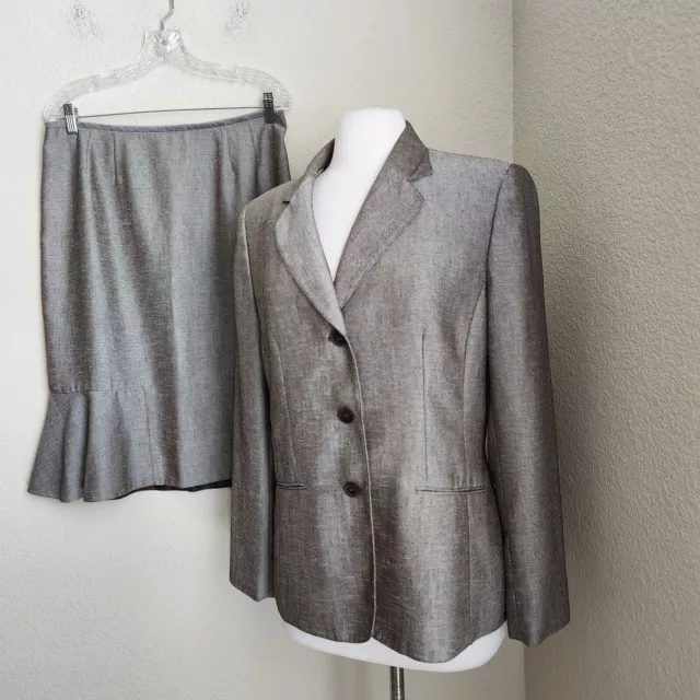 Le Suit Skirt Suit Set Womens sz 12 Beige Brown Bronze 3 Button Peplum Metallic 2