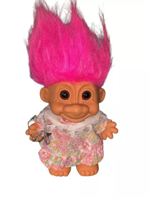 Vintage Russ Troll Doll with Pink Hair, Dress & Present, 1990s Collectible Toys