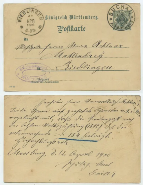 65717 - Ganzsache DP 2 - Dienstpostkarte - Buchau 12.4.1900 nach Riedlingen