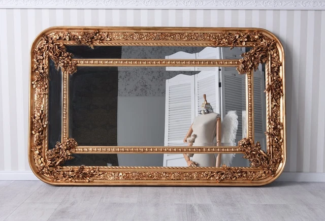 Miroir Mural Géant Antique Style Empire Biedermeier - 80x160cm - Bois Gris Facetté - Neuf