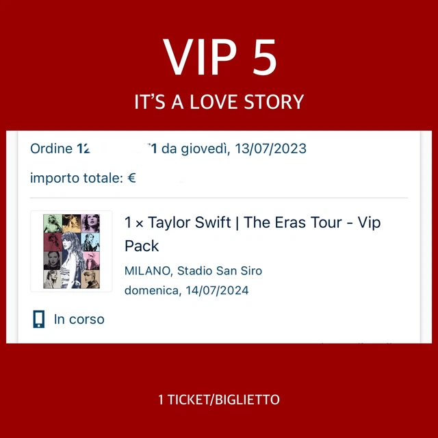 1 TICKET TAYLOR SWIFT Eras Tour 2024, MILAN, VIP 5 Full Package, 7/14