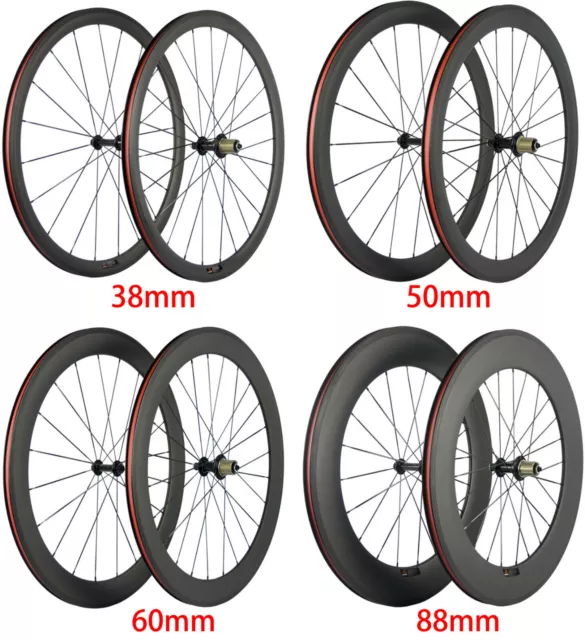 38/50/60/88mm Carbon Wheels 700C 23mm Front+Rear Clincher Cycle Carbon Wheelset