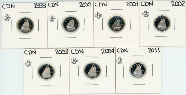 1999 to 2011 Canada 10 Cents Silver Proof Lot of 7 #17453