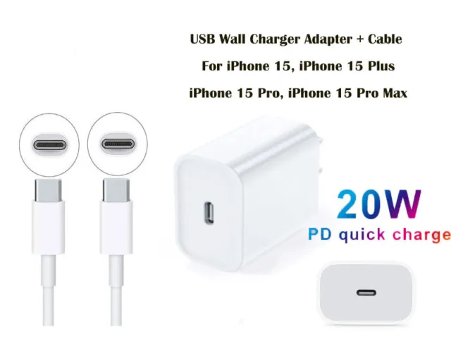 For iPhone 15 Pro Max 15 Pro Plus Fast Charging 20W USB-C PD Plug Charger  Cable