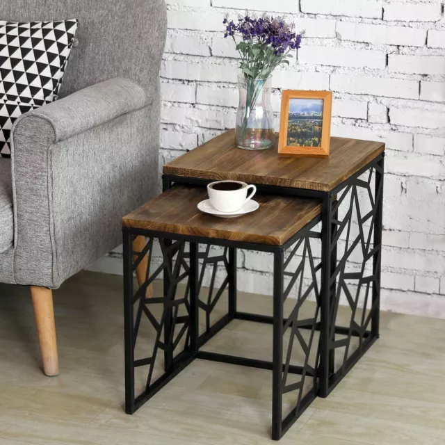 Black Metal & Brown Wood Table Set, Side Tables, Bedroom End Tables, Set of 2 2