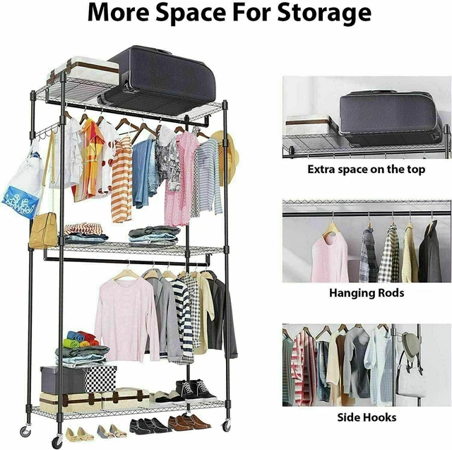 3 Tires Garment Rack Portable Wardrobe Rack /Double Hanging Bar+,2 Hanger Hooks~