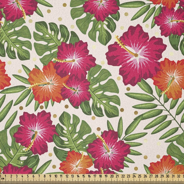 Urwald Stoff als Meterware Rosa und Orange Hibiscus
