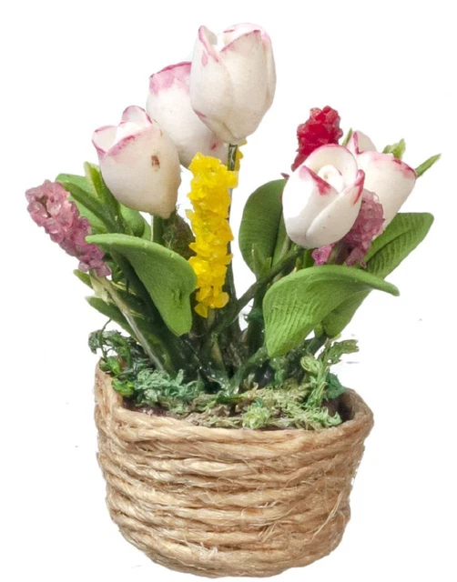 Dolls House Tulips in Rope Basket Miniature Flowers in Pot Home Garden Accessory