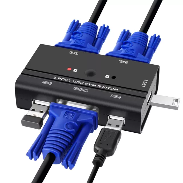 Interruptor KVM USB VGA, selector de conmutador VGA KVM de 2 puertos con cables para compartir 2 PC...