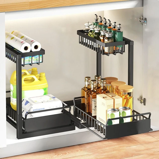 2 TIER UNDER Sink L-shaped Pull-out Shelf Sliding Drawer Organizer ...
