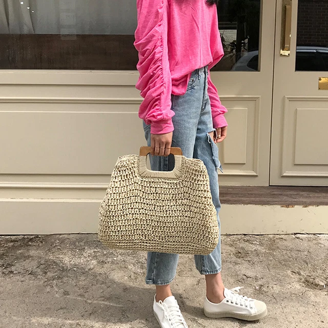 Women Straw Shoulder Bag Summer Beach Holiday Knitted Totes Handbags for Girls F 9