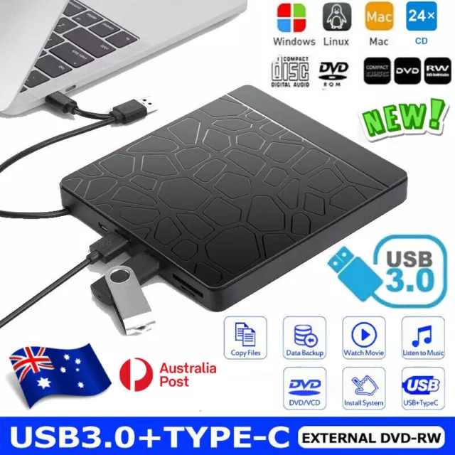 Laptop USB 3.0/Type-C Slim External DVD RW CD Writer Drive Burner Reader Player