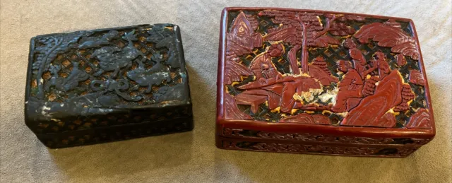 18TH - MID 19TH CENTURY CHINESE CINNABAR HAND CARVED BOX Lot of 2 Black & Red